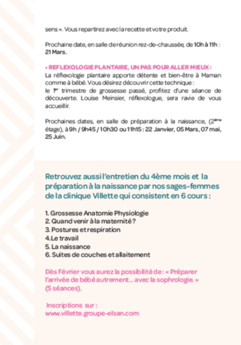 Programme atelier grossesse découverte réflexologie clinique Villette