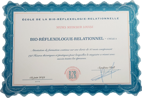 Diplôme de fin d'année de bio réflexologie relationnelle Cycle 2