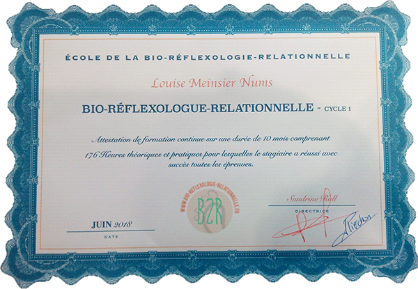 Diplôme de fin d'année de bio réflexologie relationnelle Cycle 1