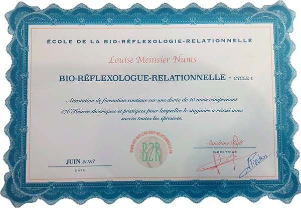 Diplôme de fin d'année de bio réflexologie relationnelle Cycle 1 Diplôme de fin d'année de bio réflexologie relationnelle Cycle 1